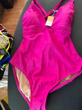 Hot Pink One-Piece Swimsuit with Lace Trim size large